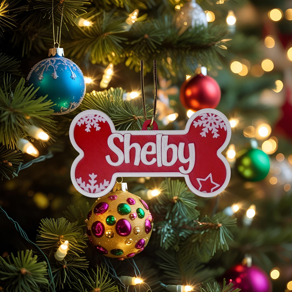 Personalised Dog Bone Christmas Ornament – Custom Pet Name (Multiple Colours)